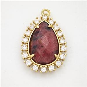 Red Rhodonite Teardrop Pendant Copper Pave Zirconia Gold Plated, approx 17-22mm