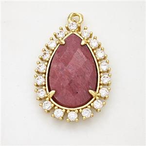 Pink Wood Lace Jasper Teardrop Pendant Copper Pave Zirconia Gold Plated, approx 17-22mm