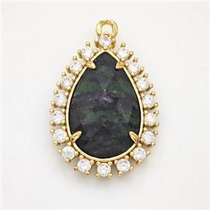 Green Zoisite Teardrop Pendant Copper Pave Zirconia Gold Plated, approx 17-22mm