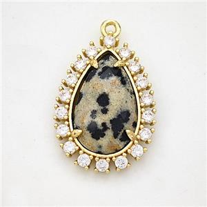 Black Dalmatian Jasper Teardrop Pendant Copper Pave Zirconia Gold Plated, approx 17-22mm