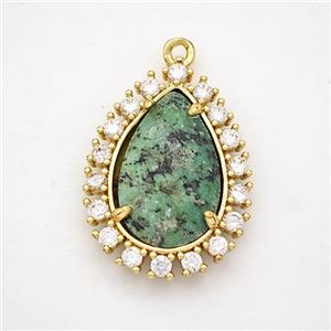 Green African Turquoise Teardrop Pendant Copper Pave Zirconia Gold Plated, approx 17-22mm