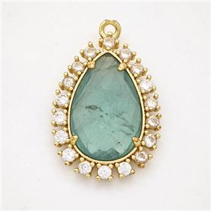 Green Fluorite Teardrop Pendant Copper Pave Zirconia Gold Plated, approx 17-22mm