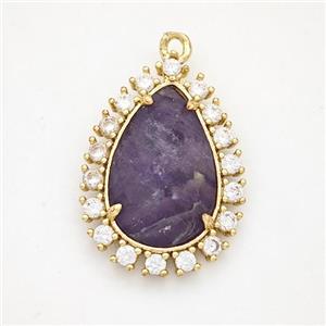 Purple Fluorite Teardrop Pendant Copper Pave Zirconia Gold Plated, approx 17-22mm