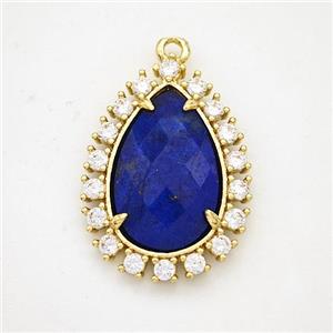 Blue Lapis Teardrop Pendant Copper Pave Zirconia Gold Plated, approx 17-22mm