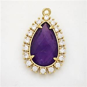 Purple Amethyst Teardrop Pendant Copper Pave Zirconia Gold Plated, approx 17-22mm