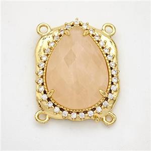 Pink Rose Quartz Teardrop Connector Copper Pave Zirconia Gold Plated, approx 18-22mm