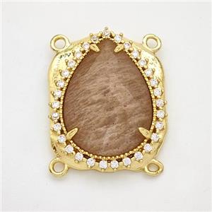 Peach Sunstone Teardrop Connector Copper Pave Zirconia Gold Plated, approx 18-22mm