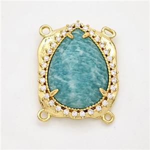 Green Amazonite Teardrop Connector Copper Pave Zirconia Gold Plated, approx 18-22mm