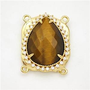 Tiger Eye Stone Teardrop Connector Copper Pave Zirconia Gold Plated, approx 18-22mm