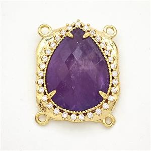 Purple Amethyst Teardrop Connector Copper Pave Zirconia Gold Plated, approx 18-22mm