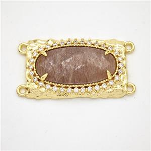 Peach Sunstone Oval Connector Copper Pave Zirconia Gold Plated, approx 16-26mm