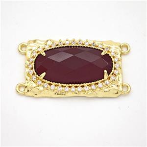 Darkred Dye Jade Oval Connector Copper Pave Zirconia Gold Plated, approx 16-26mm