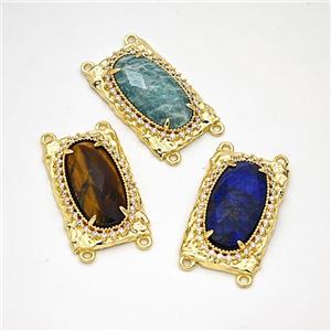 Natural Gemstone Oval Connector Copper Pave Zirconia Gold Plated Mixed, approx 16-26mm