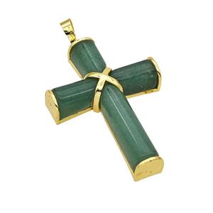 Natural Green Aventurine Cross Pendant Alloy Gold Plated, approx 30-45mm