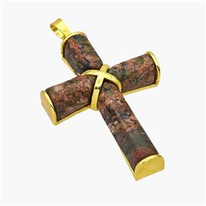 Natural Unakite Cross Pendant Alloy Gold Plated, approx 30-45mm