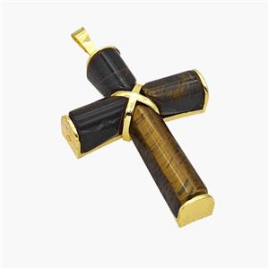 Natural Tiger Eye Stone Cross Pendant Alloy Gold Plated, approx 30-45mm