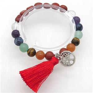 Chakra Bracelets with jasper, tassel, tree of life, stretchy, approx 8mm dia