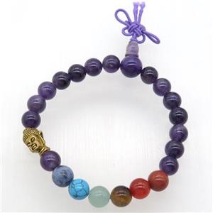 Chakra buddha Bracelets with amethyst, stretchy, approx 8mm dia