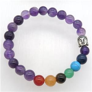 Chakra Bracelets with amethyst, buddha, stretchy, approx 8mm dia