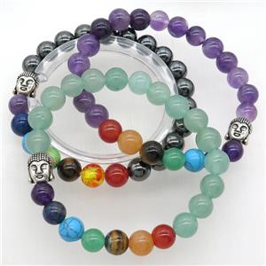 Chakra Bracelets with gemstone, buddha, mixed, stretchy, approx 8mm dia