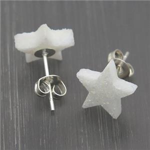 white Quartz Druzy Star Stud Earrings, platinum plated, approx 10mm