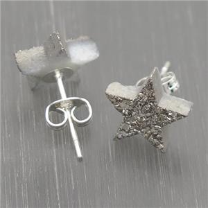 silver Quartz Druzy Stud Earrings, star, approx 10mm