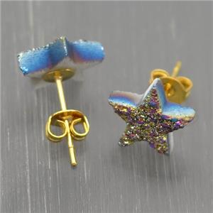 rainbow Quartz Druzy Stud Earrings, Star, approx 10mm