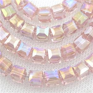Chinese Crystal Glass Beads, faceted cube, pink AB-color, approx 7.5mm, 98pcs per st