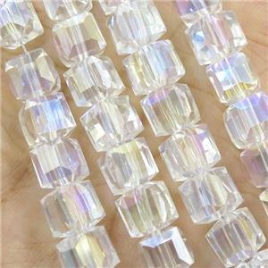 Chinese Crystal Glass Beads, faceted cube, clear AB-color, approx 7.5mm, 98pcs per st