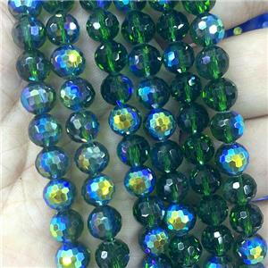 Crystal Glass Beads Faceted Round Green AB-Color, approx 10mm dia, 40pcs per st