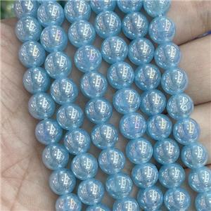 Blue Jadeite Glass Beads Smooth Round Electroplated, approx 8mm dia