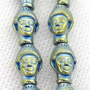 Hematite buddha Beads, green electroplated, approx 9-14mm