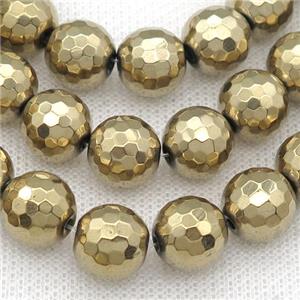 faceted round Hematite Beads, lt.gold electroplated, approx 14mm dia