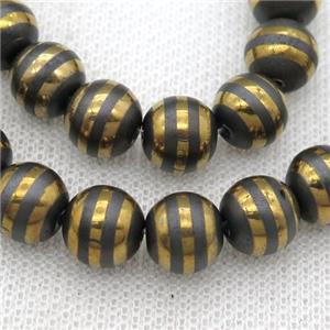 black Hematite beads with golden line, round, matte, approx 10mm dia