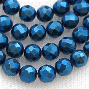 Hematite beads, faceted round, blue electroplated, approx 8mm