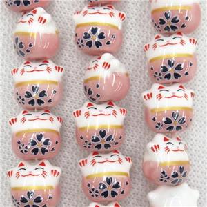 pink Oriental Porcelain beads, fortune cat, approx 13-14mm, 25pcs per st