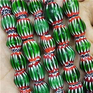 Nepal Style Green Lampwork Glass Chevron Beads Barrel, approx 12-15mm