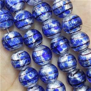 Larmwork Glass Beads With Silver Foil Round Line Blue, approx 12mm dia