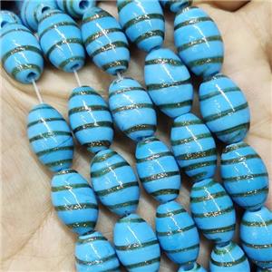 Blue Lampwork Glass Beads Rice Gold Foil, approx 10-16mm