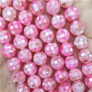 Round MOP Shell Beads Hotpink Dye Faceted, approx 8mm dia