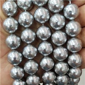 Baroque Style Pearlized Shell Beads Round Silver Gray Hammered, approx 10mm