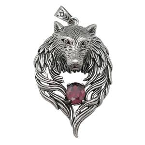 stainless steel wolf pendant, antique silver, approx 45-65mm