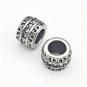 Stainless Steel European Beads Tube Micro Pave Rhinestone, large hole, antique silver, approx 11mm, 6mm hole