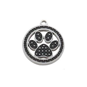 Raw Stainless Steel Paw Charms Pendant Black Enamel, approx 15mm dia