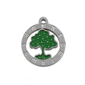 Raw Stainless Steel Tree Pendant Green Enamel, approx 15mm dia