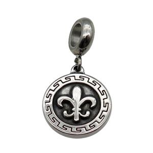 Stainless Steel Circle Pendant Fleur-de-lis Antique Silver, approx 15mm, 9mm, 5mm hole