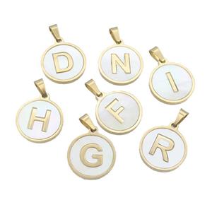 Stainless Steel Letter Pendant Pave White Shell Mix Alphabet Gold Plated, approx 15mm dia