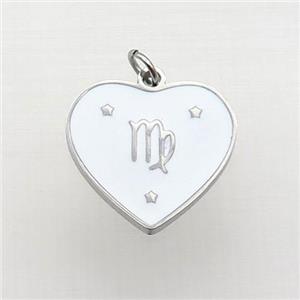 Raw Stainless Steel Heart Pendant White Enamel Zodiac Virgo, approx 15mm