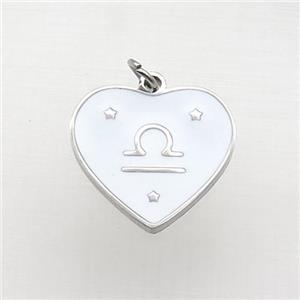 Raw Stainless Steel Heart Pendant White Enamel Zodiac Libra, approx 15mm