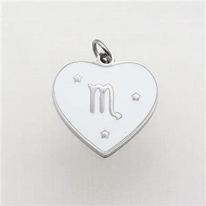 Raw Stainless Steel Heart Pendant White Enamel Zodiac Scorpio, approx 15mm